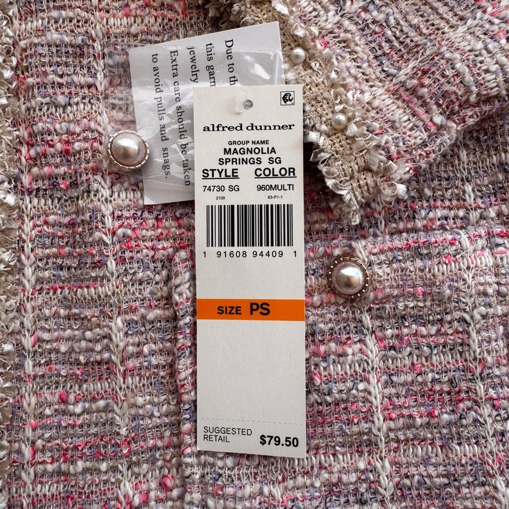 Alfred Dunner Magnolia Springs Tweed Cardigan Jacket Pink Multi Pearl Trim PS - Picture 8 of 10